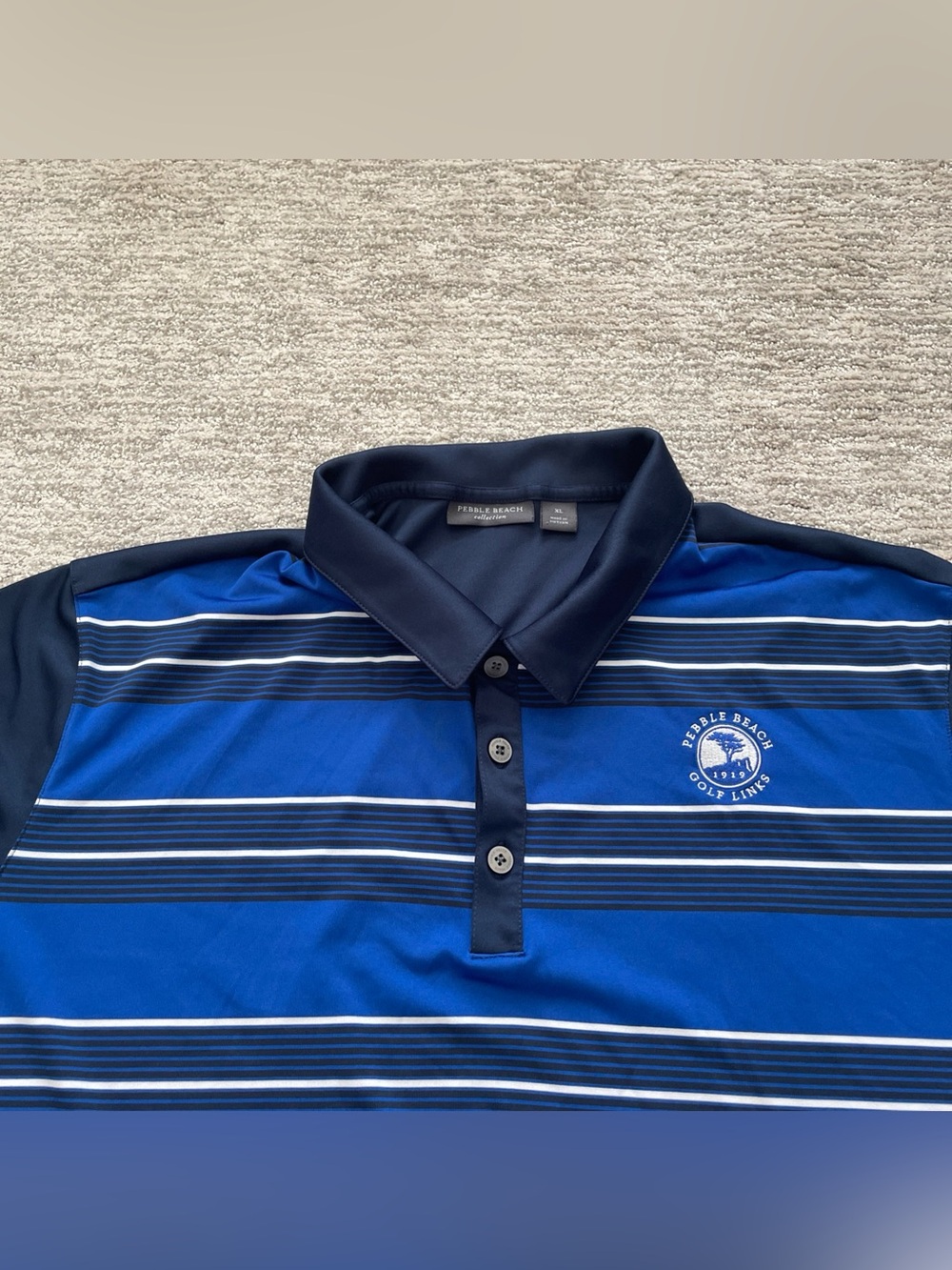 Pebble Beach Collection Polo Men’s Size XL Blue Striped Embroidered Links Logo